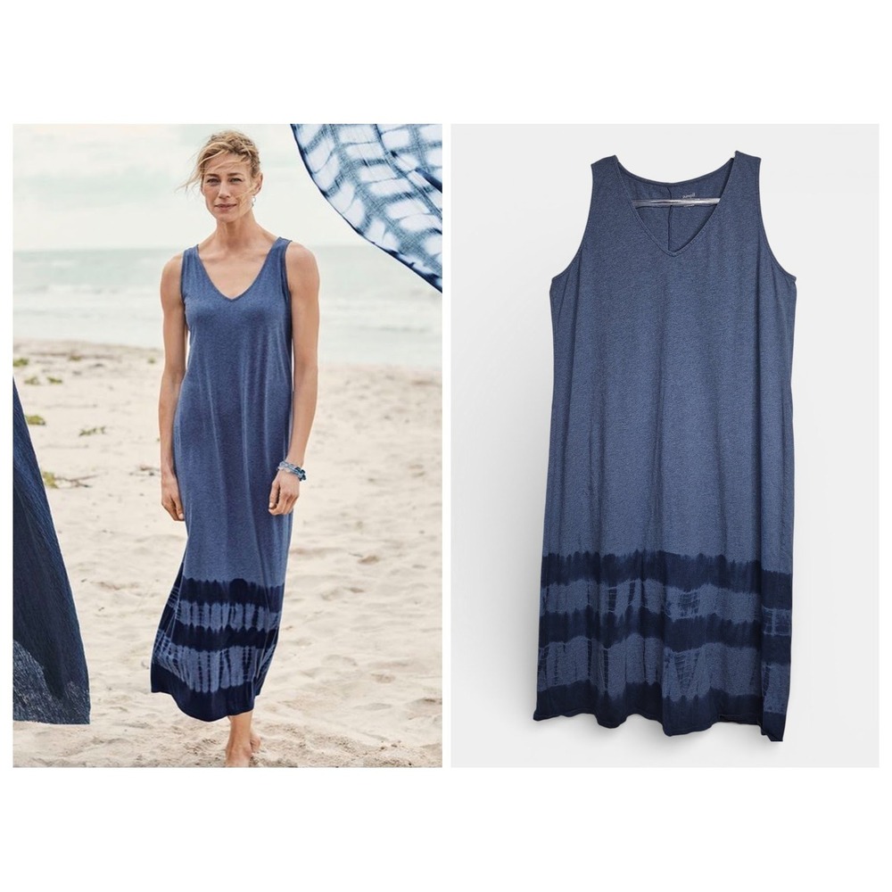 J Jill Pure Jill Womens Size Large Blue Tie-Dye Maxi Dress V-Neck Cotton Jersey